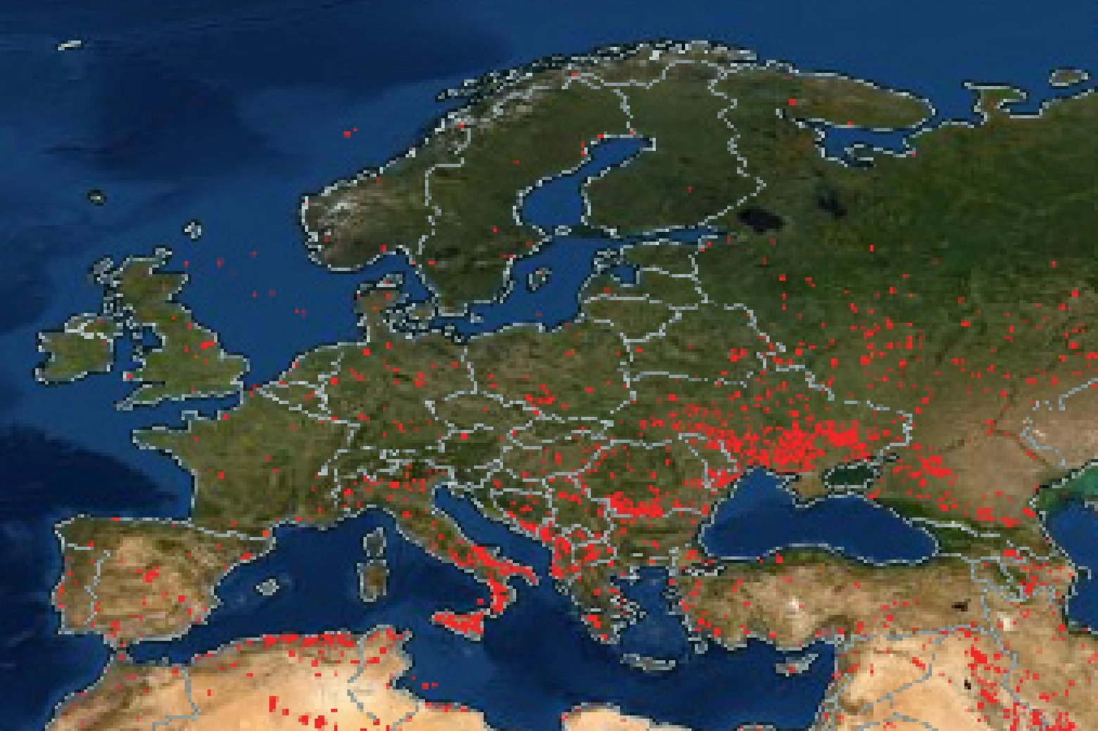 L'immagine della Fire Information for Resource Management System della Nasa: i punti rossi