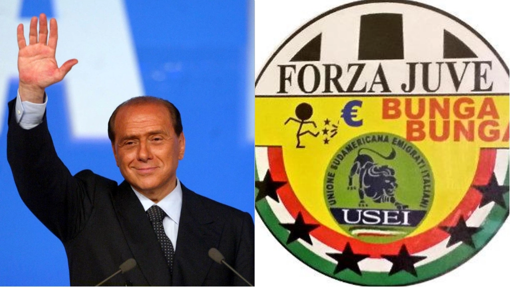 Silvio Berlusconi; a lato, uno dei simboli delle numerose liste presentate da Marco Di Nunzio