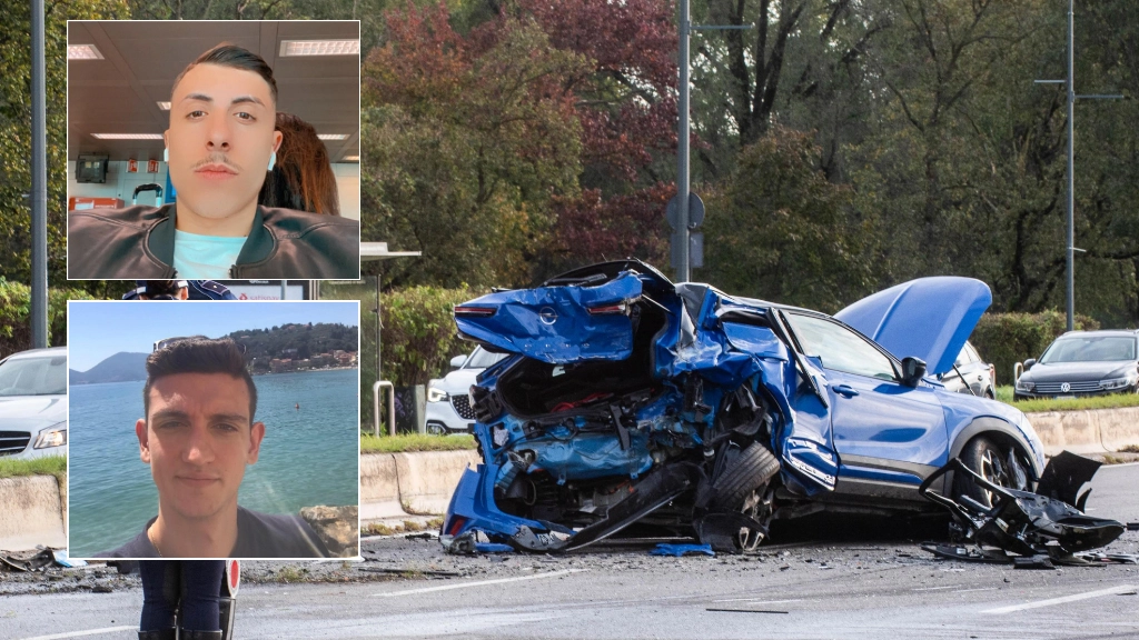 Una delle auto convolte nell'incidente in viale Forlanini. Nei riquadri le due vittima, Bennardo Pagano e Luigi Giallonardi