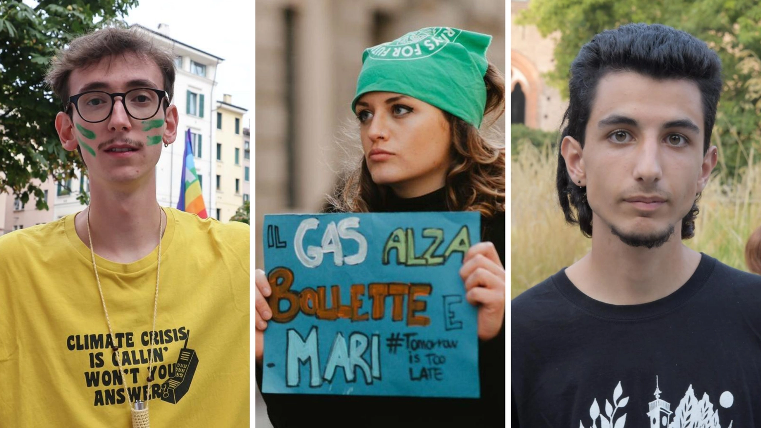 I leader di Fridays For Future: da sinistra Michele Ghidini, 24 anni, Ester Barrel, 20 anni, e Pietro Losio, 18 anni I leader di Fridays For Future: da sinistra Michele Ghidini, 24 anni, Ester Barrel, 20 anni, e Pietro Losio, 18 anni