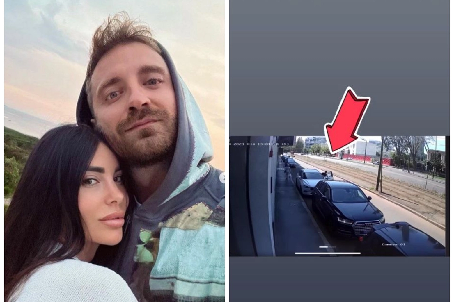 Bianca Atzei e Stefano Corti, accanto un frame video del furto dell'auto (Instagram)