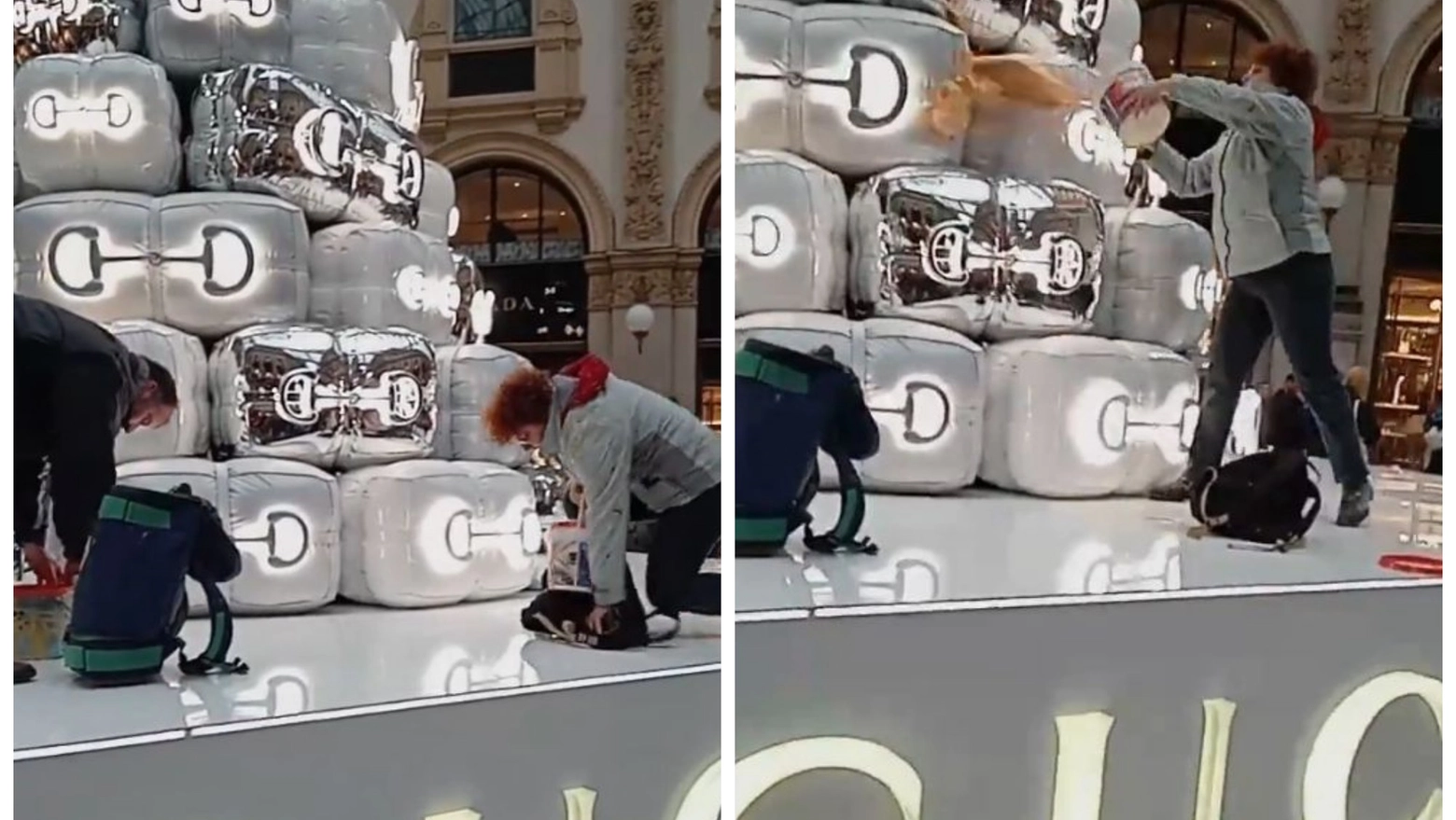 Ultima Generazione, imbrattato l'albero di Natale di Gucci in Galleria a Milano (Frame video Ultima Generazione)