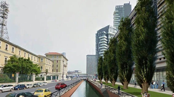  Un rendering su come potrebbero trasformarsi  alcune zone di Milano con la riapertura dei Navigli