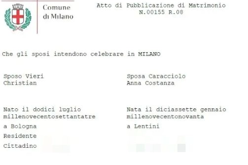 Pubblicazioni matrimonio Costanza Caracciolo e Christian Vieri