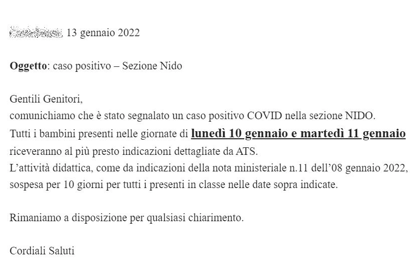 Una comunicazione alle famiglie di caso positivo all'asilo nido