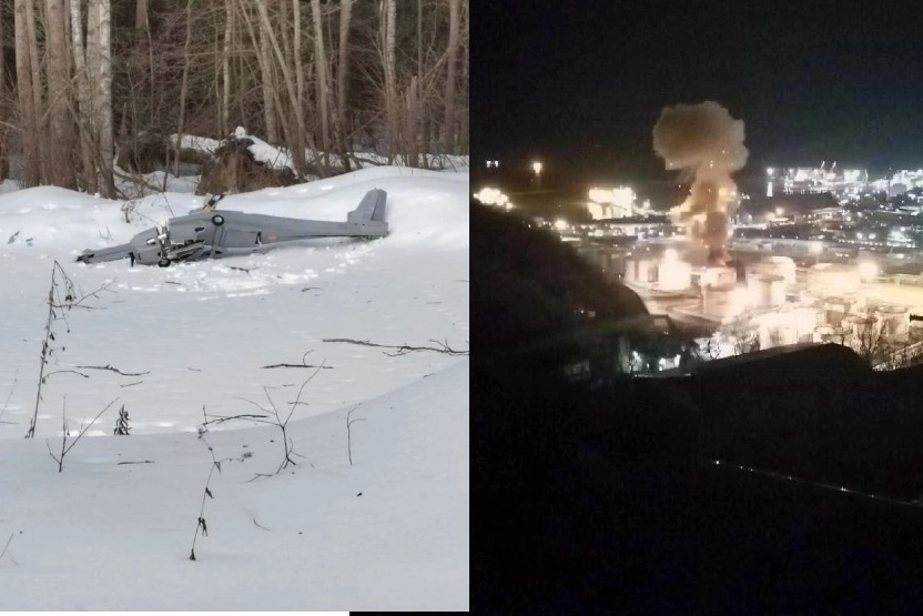Il dronge caduto a 100 km da Mosca, a destra la raffineria di Tuapse in fiamme