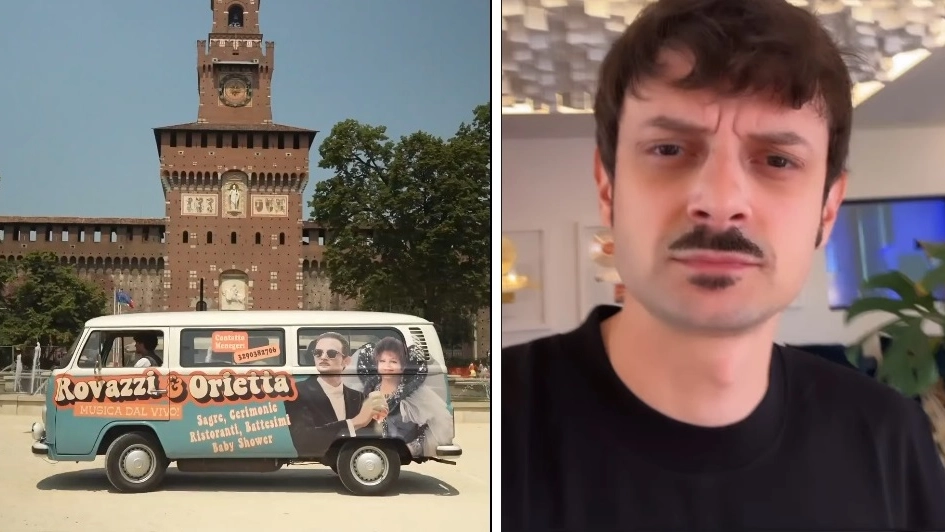 Il furgoncino di Rovazzi in tour a Milano e a destra il cantante  (frame video Instagram)