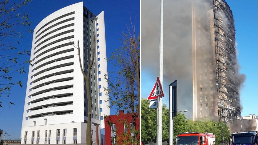 La Torre dei Moro prima e dopo l'incendio che l'ha distrutta
