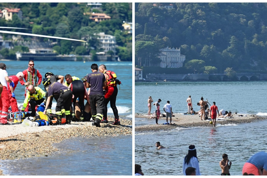 A sinistra i soccorsi al giovane. A destra la stessa spiaggia solo mezz'ora dopo, con i turisti