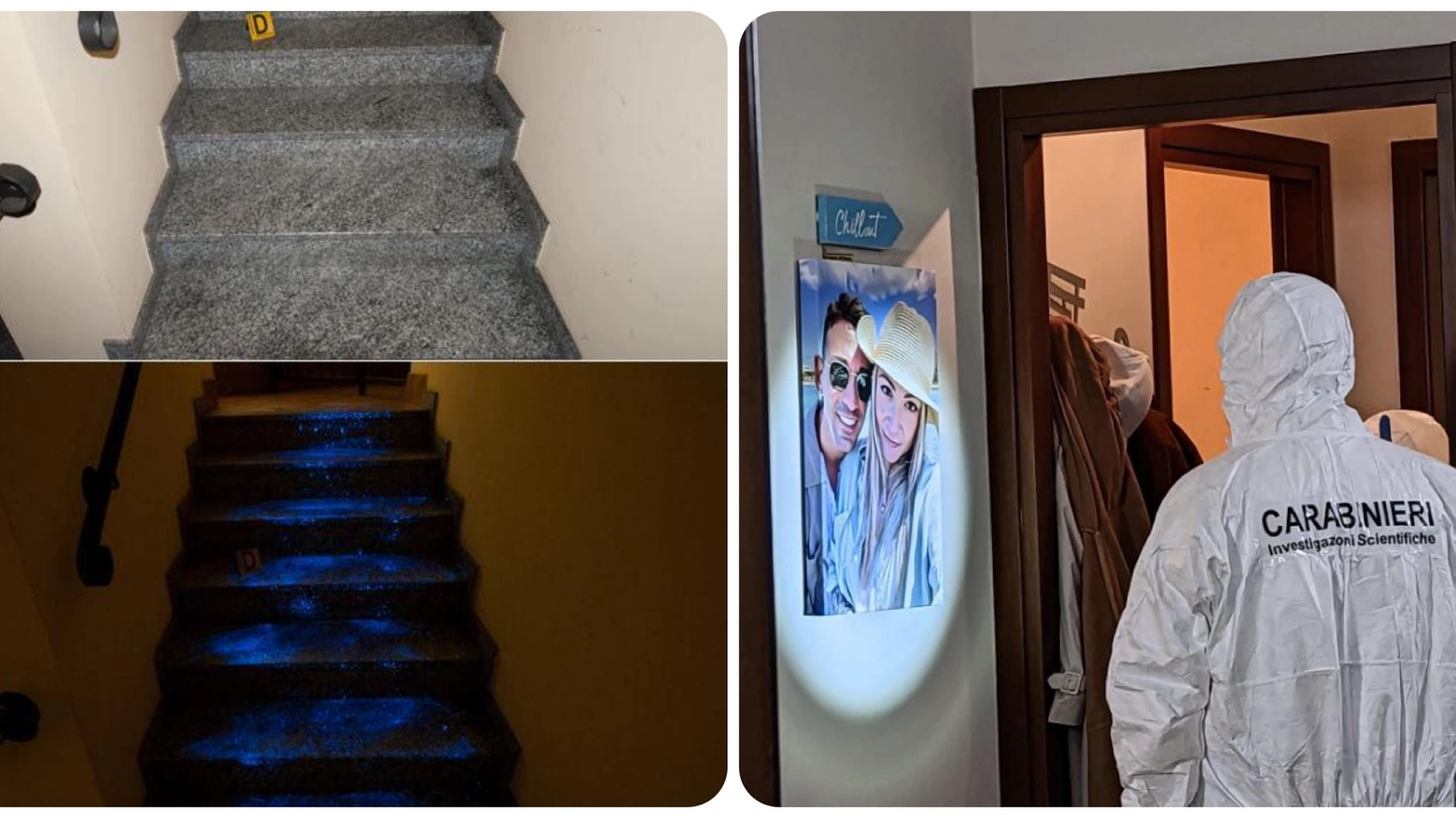Sopralluogo casa di Senago, senza e con luminol sulle scale