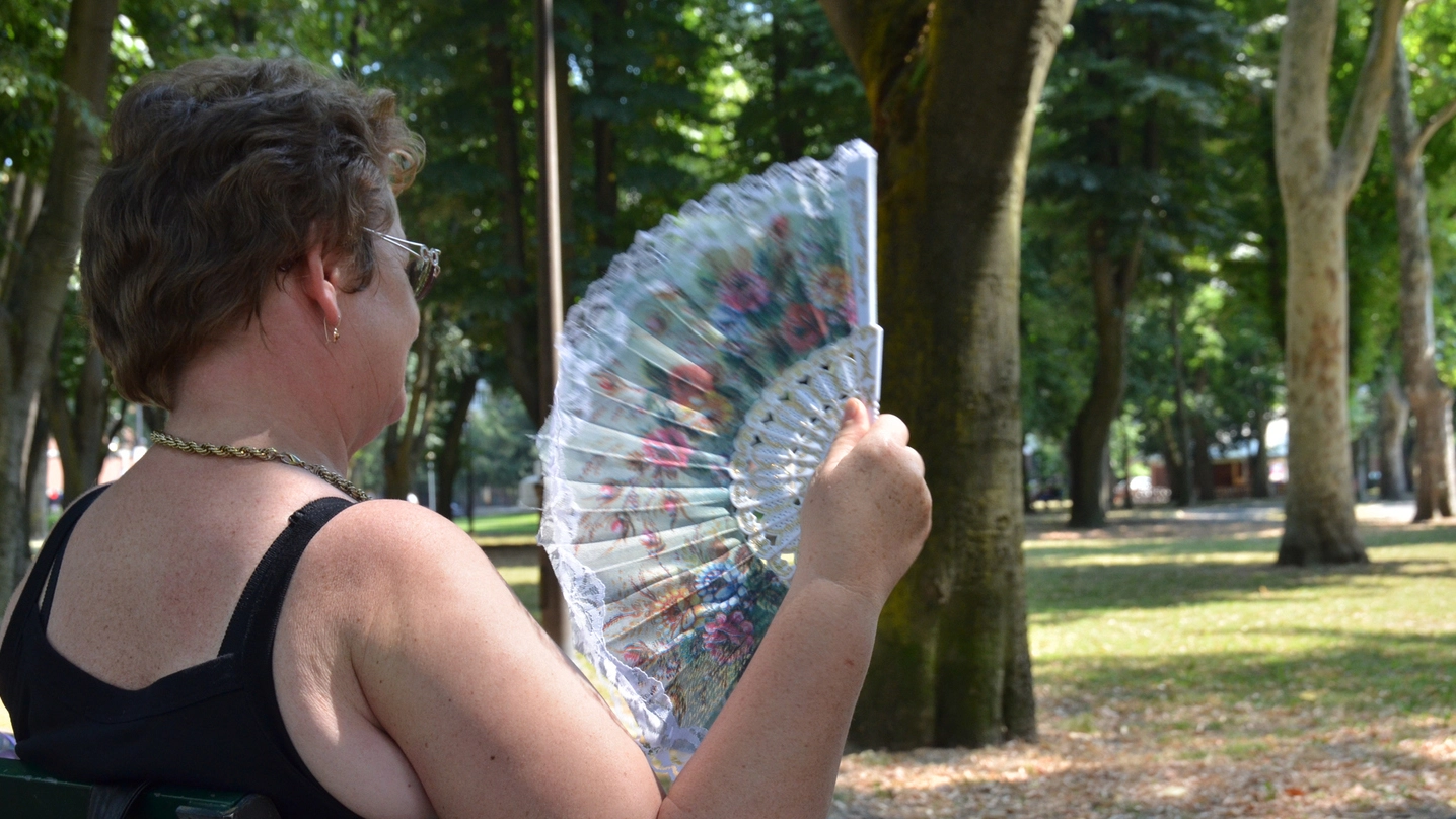 Una donna cerca un pò di ‘sollievo’ al parco, facendosi aria con un ventaglio