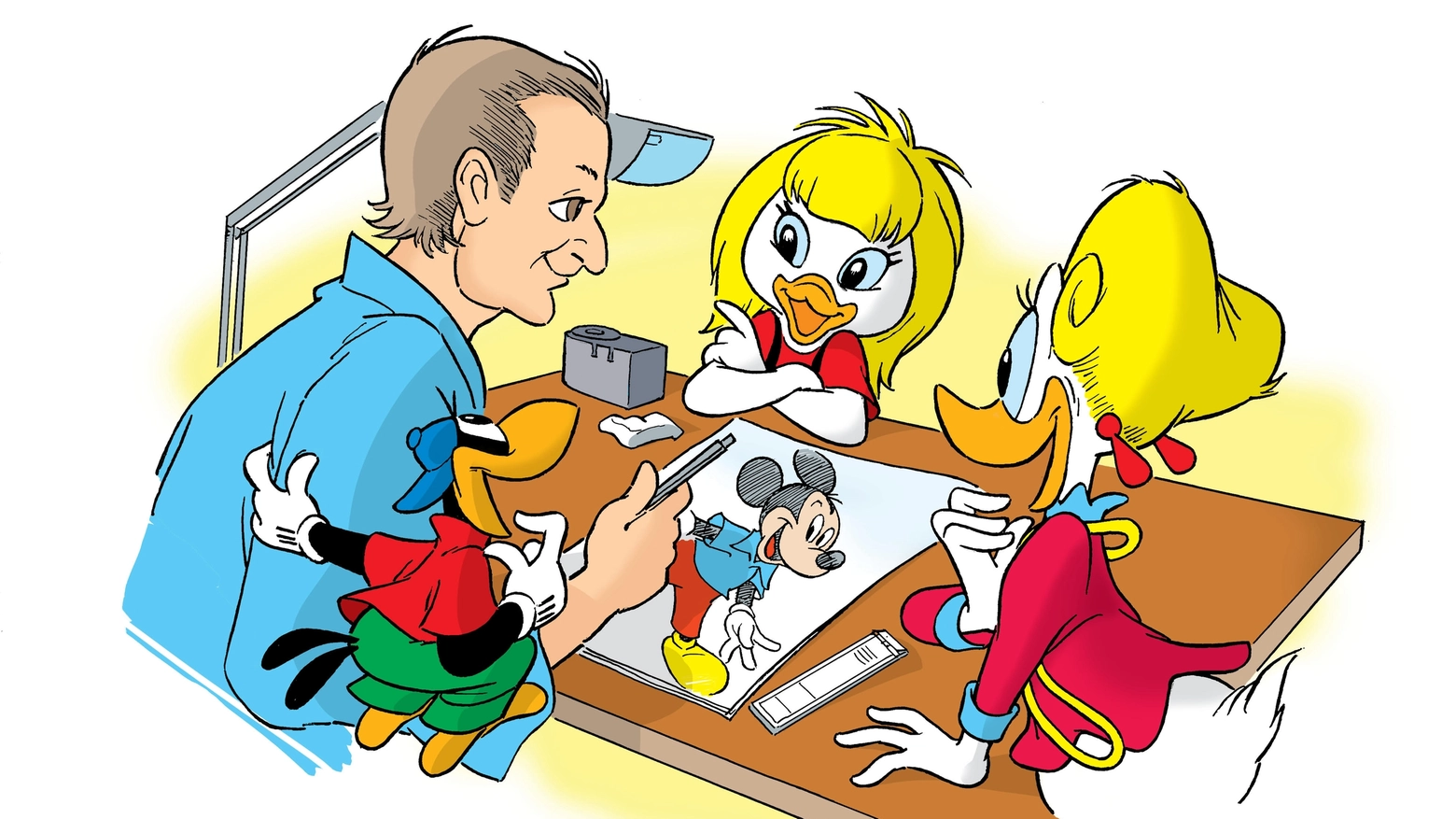 Autoritratto di Romano Scarpa e i suoi personaggi Disney