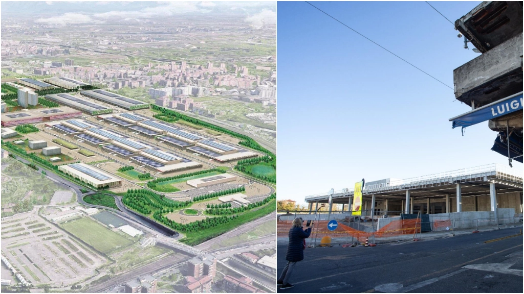 A sinistra, il masterplan del nuovo Ortomercato che vedrà la luce nel 2025. A destra, il cantiere del nuovo padiglione Ortofrutta 1 (Foto Canella)