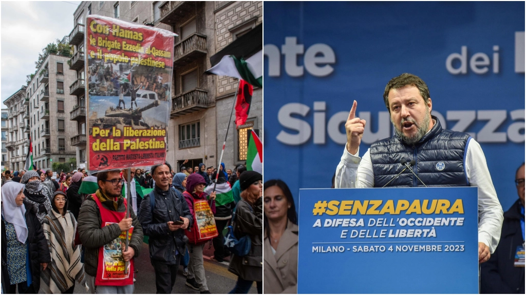 Il cartello che inneggia ad Hamas nel corteo antagonista pro Palestina e il comizio di Salvini in largo Cairoli Il cartello che inneggia ad Hamas nel corteo antagonista pro Palestina e il comizio di Salvini in largo Cairoli