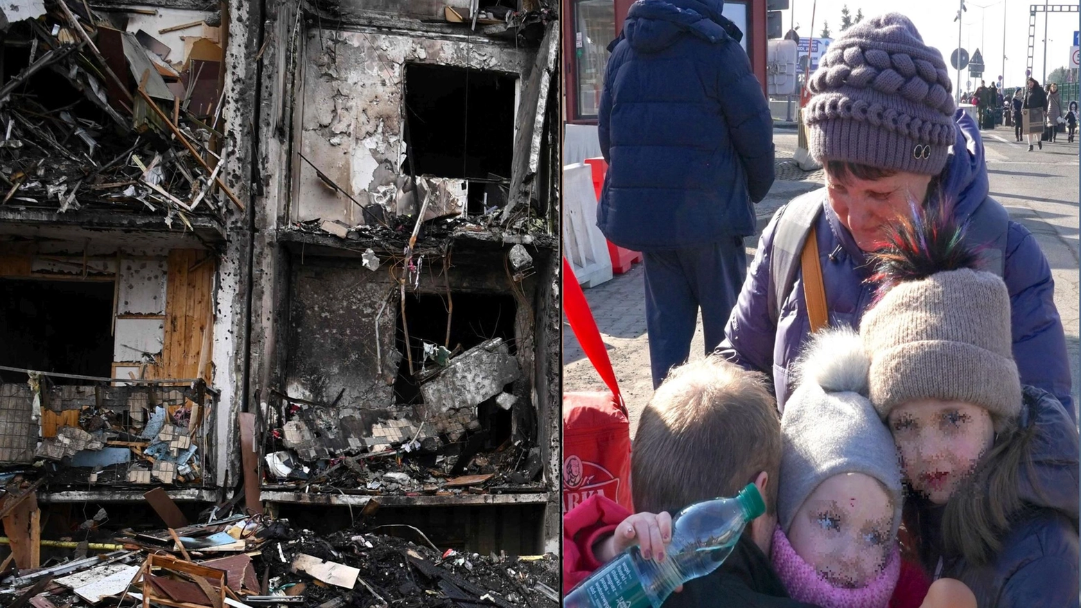 Un edificio distrutto a Kiev e gli addii commoventi dei profughi