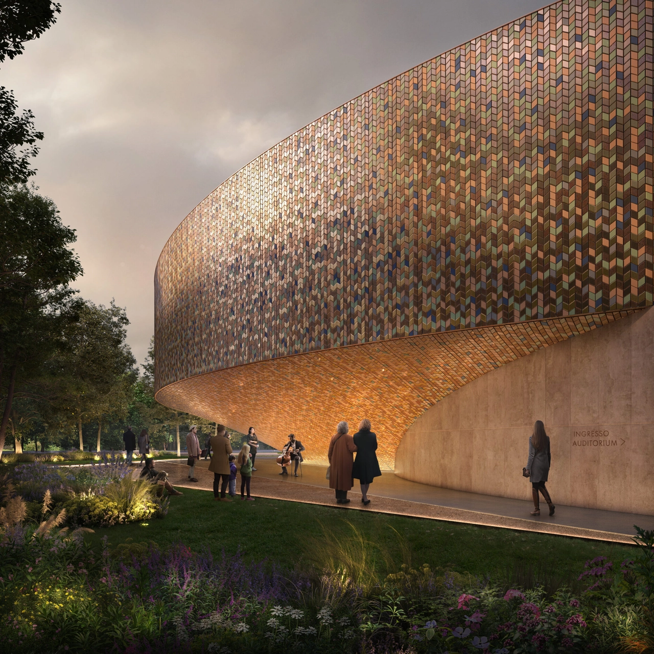 Il rendering dell'Auditorium del Bosco della Musica, progetto firmato dallo studio Settanta7