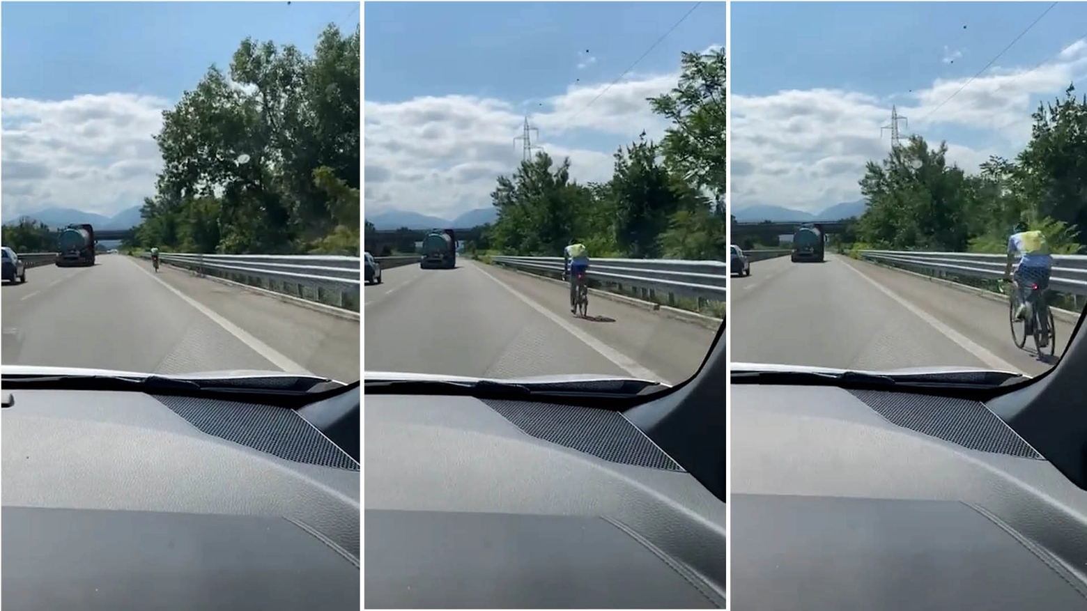 Un uomo in bicicletta in autostrada (foto archivio) Un uomo in bicicletta in autostrada (foto archivio)