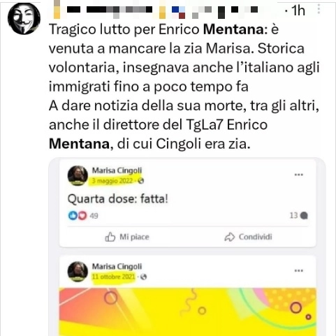 Il post No Wax su Marisa Cingoli segnalato da Enrico Mentana