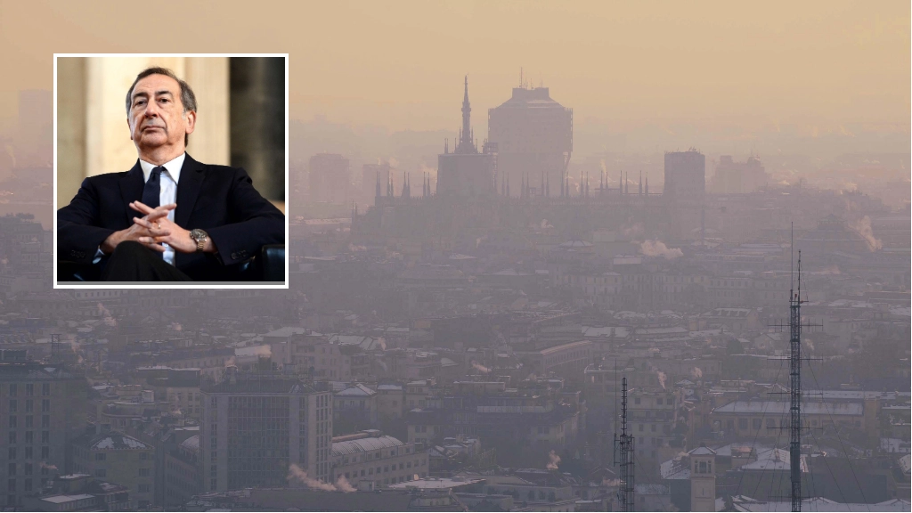 Sullo sfondo Milano avvolta dallo smog e nel riquadro il sindaco della città, Giuseppe Sala