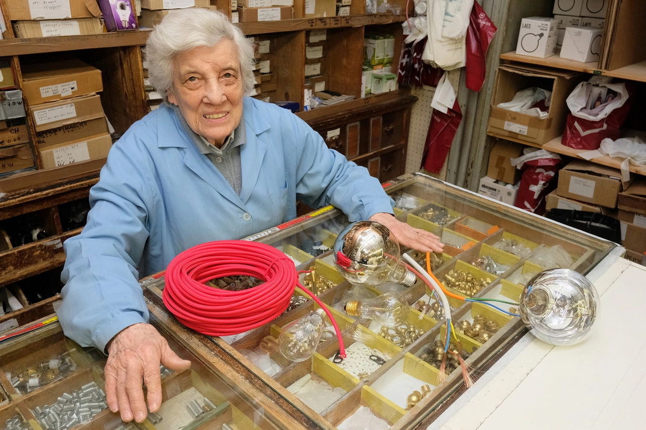 IN SELLA Ada Comoretto, 89 anni, col figlio Roberto Perolini, 59, davanti alla Tecnoelettrica di corso Como 11, aperta  da suo padre nel 1943