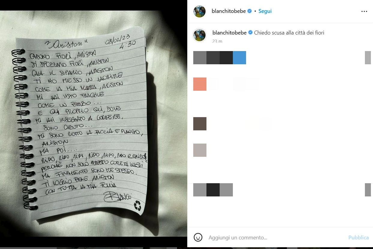 Le paroel scritte da Blanco per scusarsi (Instagram)