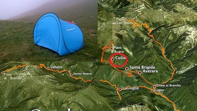 Mappa Cusio (Bergamo) e la tenda dove è stato trovato iil bimbo (frame da Sky)