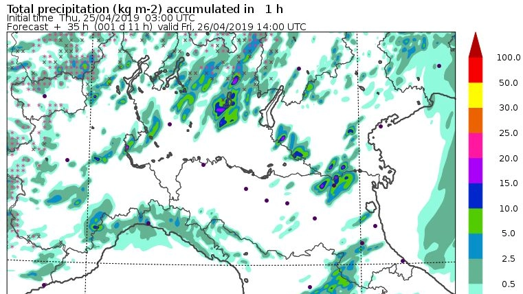Uan mappa delle precipitazioni attese domani (Modello Moloch, Cnr-Isac)