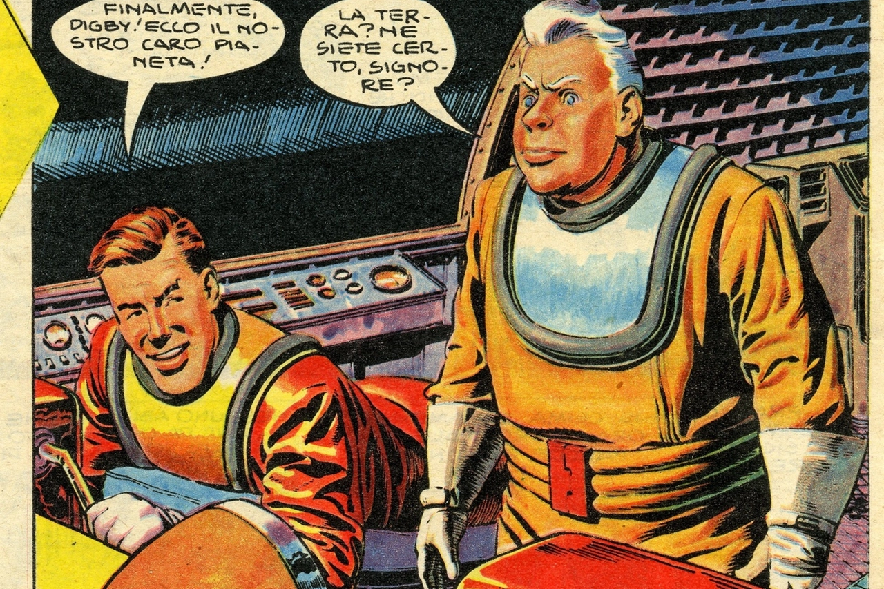 GENIALE E IRRIVERENTE Benito Jacovitti (a sinistra) con la figlioletta Silvia. Qui accanto la storia di Carlo Magno, una scena di Jeff Arnold e una di Dan Dare