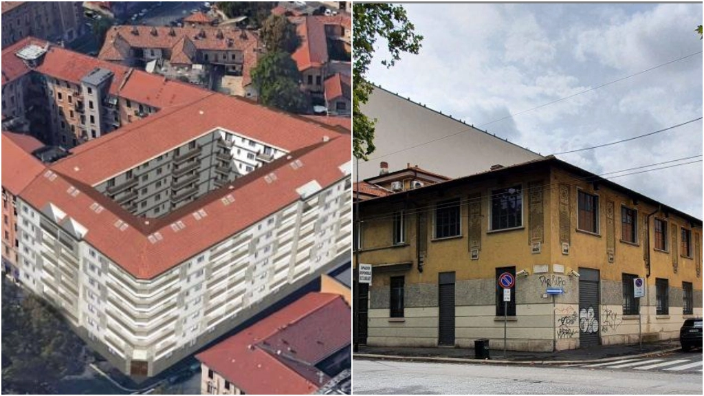 A sinistra, il progetto del nuovo condominio che sostituirà la palazzina di viale Umbria 37 (a destra)