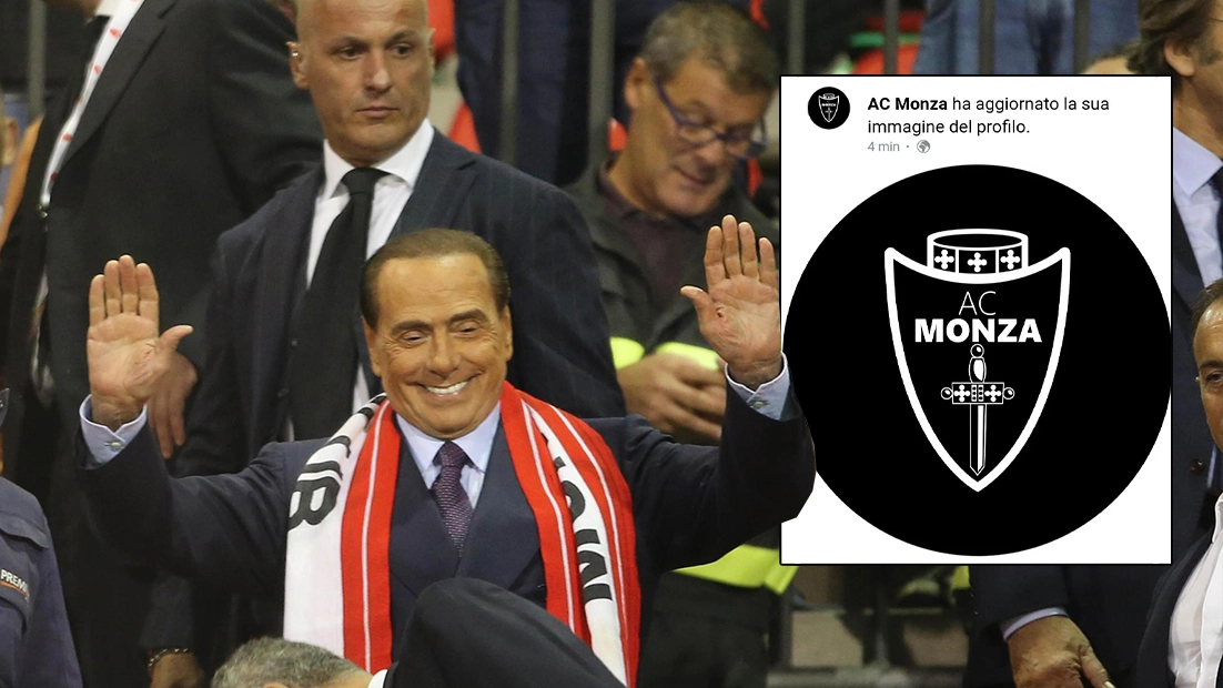 Silvio Berlusconi allo stadio del Monza e, nel riquadro, il logo della squadra a lutto