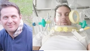 Luca Perego, 46 anni, sopra in un’immagine prima della malattia e, a destra, ricoverato