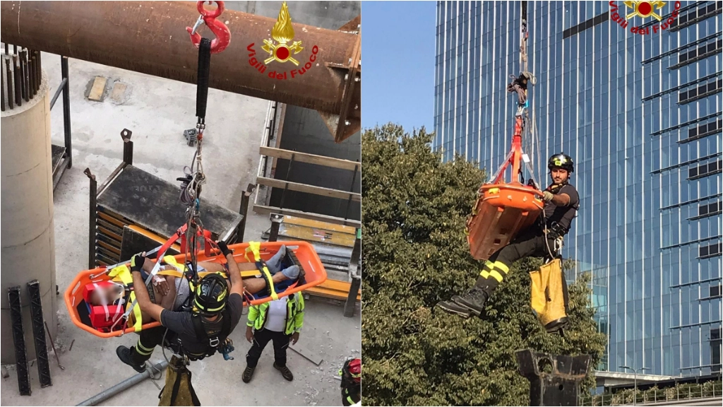 I soccorsi all'operaio precipitato nel cantiere di via Melchiorre Gioia I soccorsi all'operaio precipitato nel cantiere di via Melchiorre Gioia