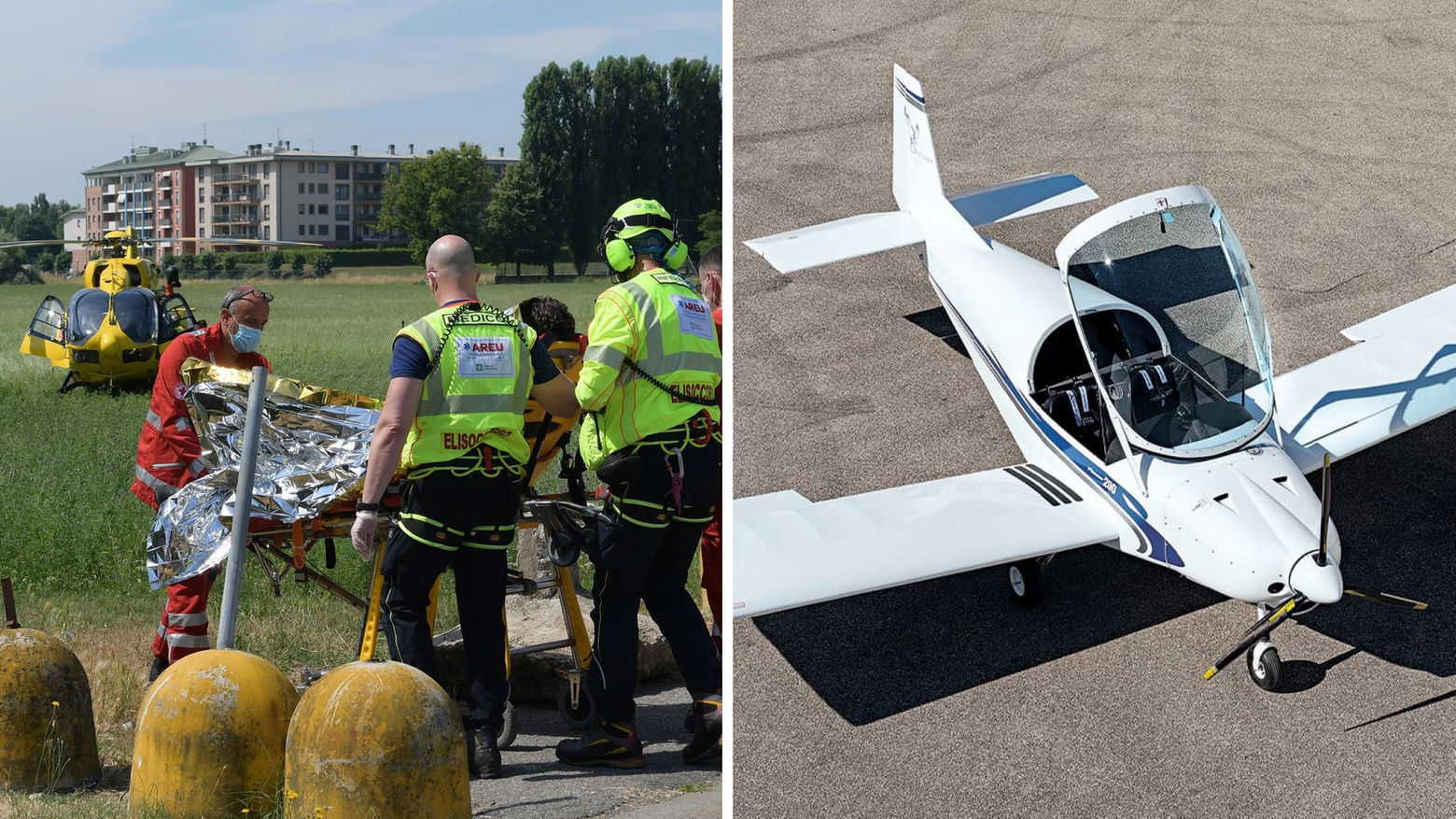 Sul posto è intervenuto l'elisoccorso. A destra, un aereo ultraleggero (foto di repertorio)