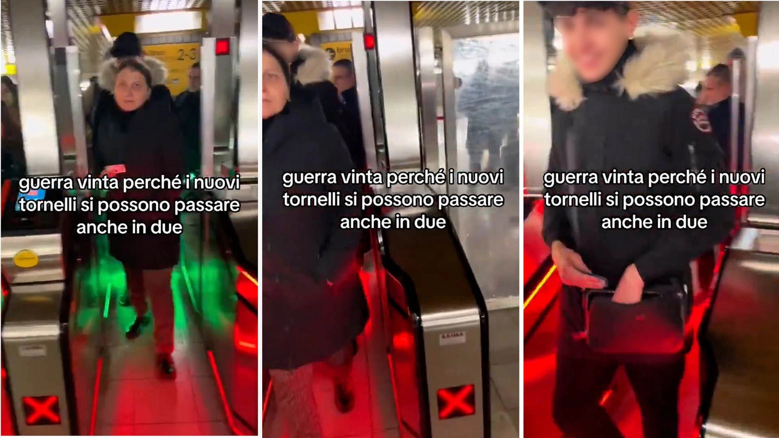Alcuni frame dal video in cui un ragazzo "batte" i nuovi tornelli anti-portoghesi di Atm