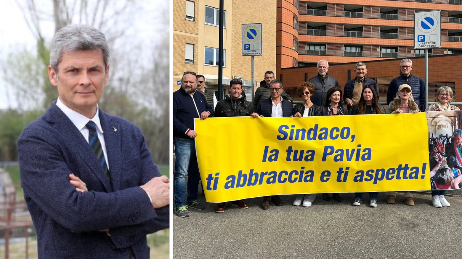 Fabrizio Fracassi (a sinistra) e lo striscione esposto dagli assessori della Giunta