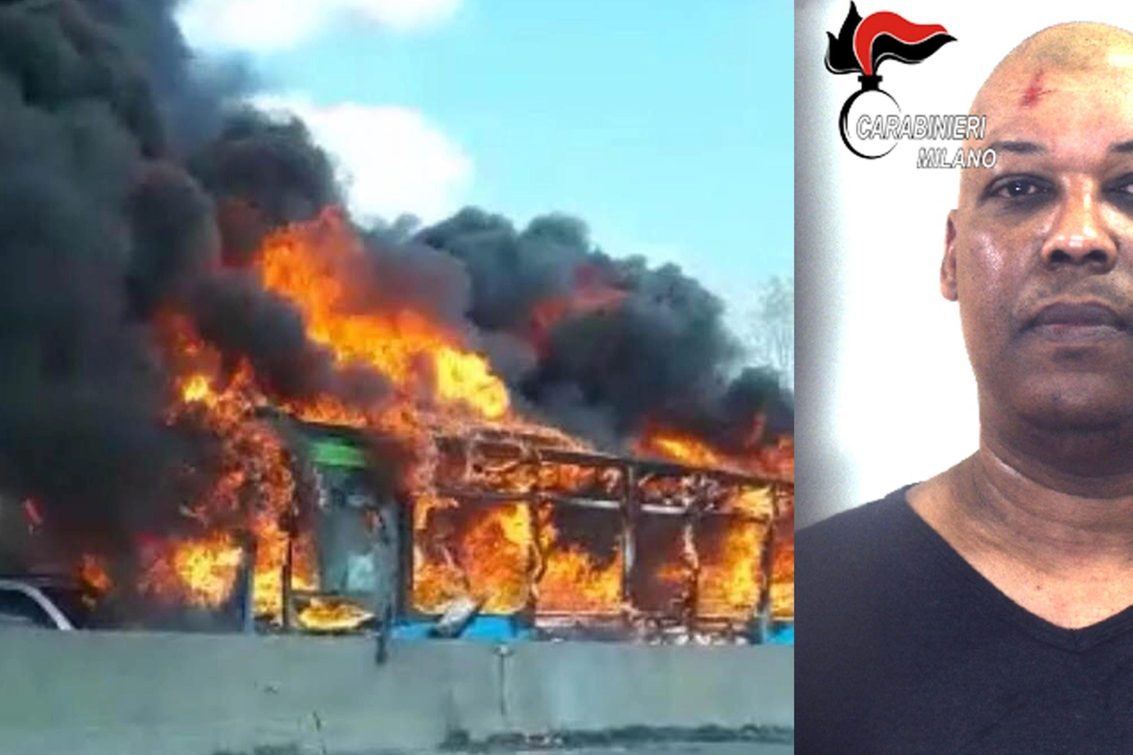 Il bus dato alle fiamme e il dirottatore Ousseynou Sy (Ansa)