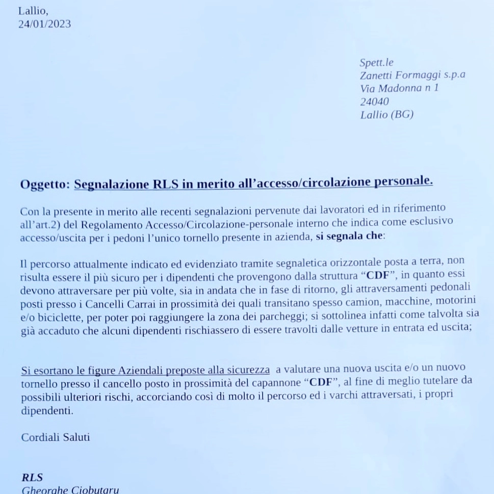 La lettera inviata da Filcams Cgil alla Zanetti a Gennaio per denunciare la mancanza di sicurezza nell'attraversamento pedonale