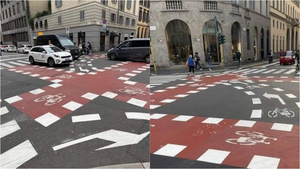 Pista ciclabile corso Monforte, l'incrocio contestato (foto Fb)