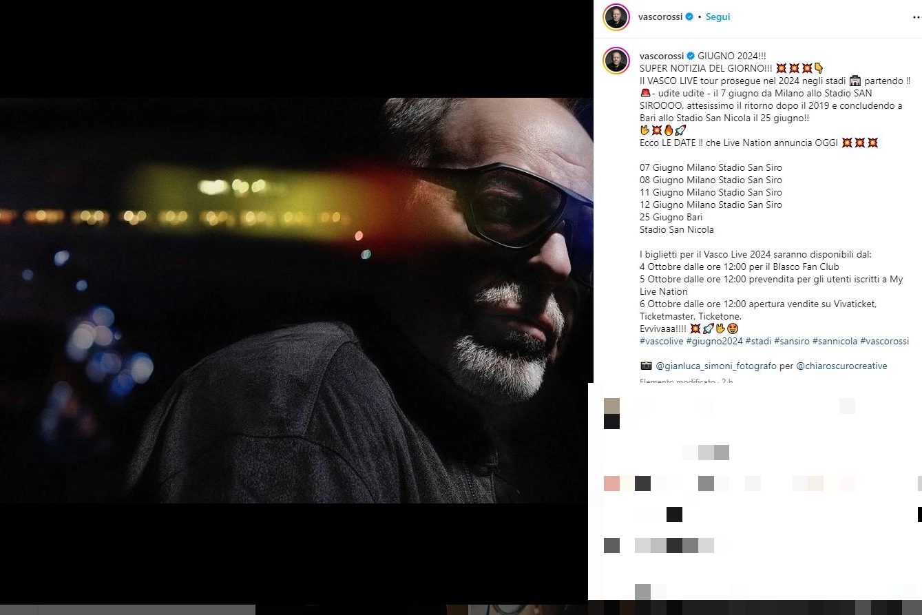 Vasco Rossi e l'annuncio del tour 2024 (Foto Instagram)
