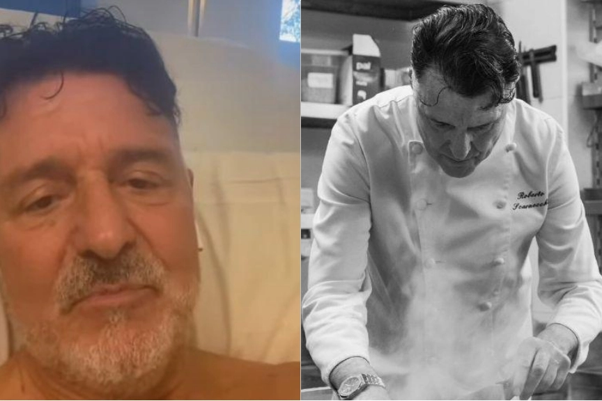 Roberto Scarnecchia: a sinistra dal letto d'ospedale, a destra in cucina (da Instagram)