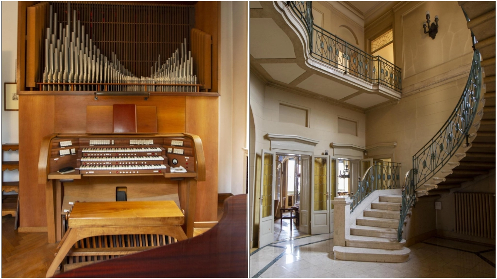 L'interno di Casa Crespi: a sinistra, l'organo da 1.500 canne; a destra, la scalinata