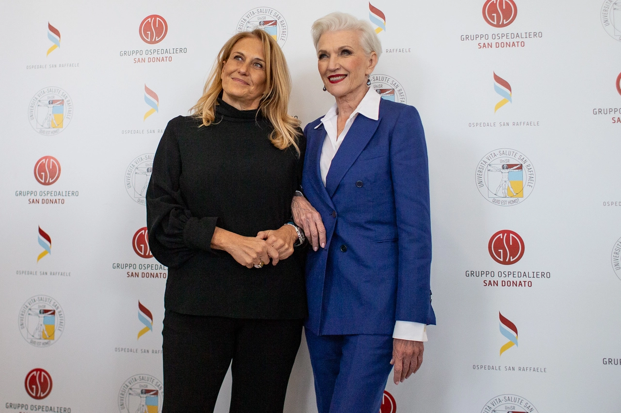 Maye Musk con Monica Maggioni all'università San Raffaele di Milano (Foto Canella)