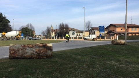 Il legname perso da un camion alla rotonda d'ingresso al paese