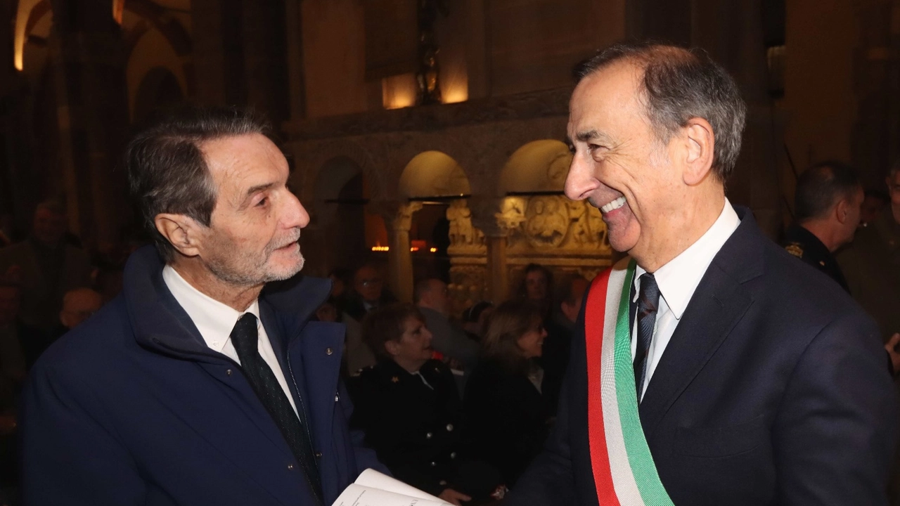 Attilio Fontana e Giuseppe Sala nella Basilica sant'Ambrogio per il discorso dell'arcivescovo Delpini (Foto Salmoirago)