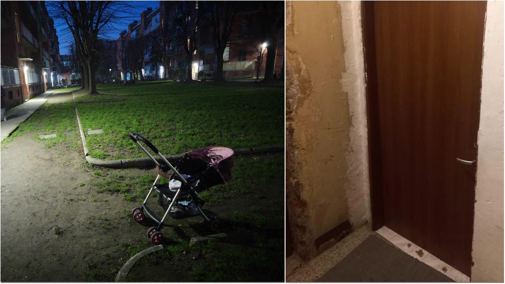 Il giardino interno allo stabile Aler di via degli Apuli dov'è stato trovato il neonato abbandonato (Foto Canella). A destra, la porta dell'appartamento davanti alla quale era appoggiata la cesta con il piccolo