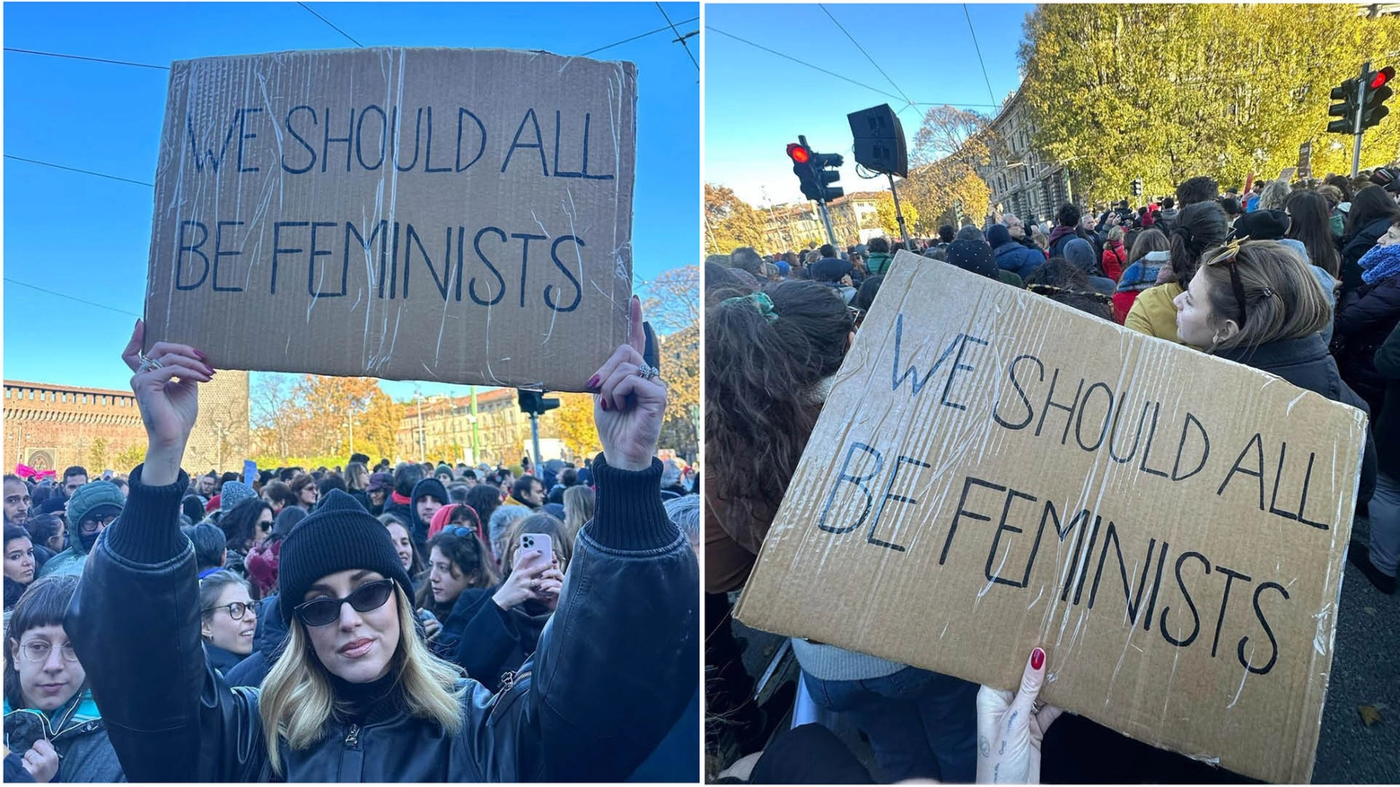 Chiara Ferragni al presidio in Largo Cairoli e il cartello che recita: "Dovremmo tutti esser femministi"