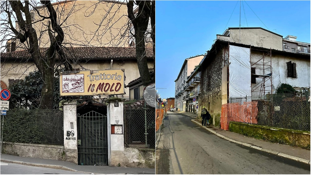 A sinistra l'ingresso dell'ex trattoria Il Molo e a destra l'impalcatura (foto dal gruppo Facebook Gorla Precotto)