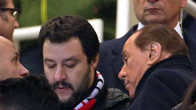 Matteo Salvini e Silvio Berluscono ad una partita del Milan