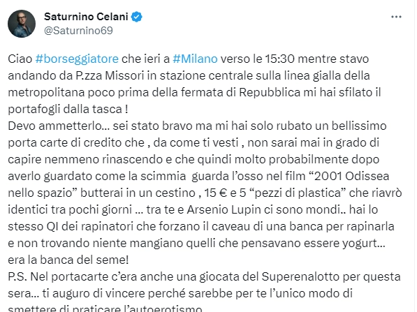 Il tweet di Saturnino