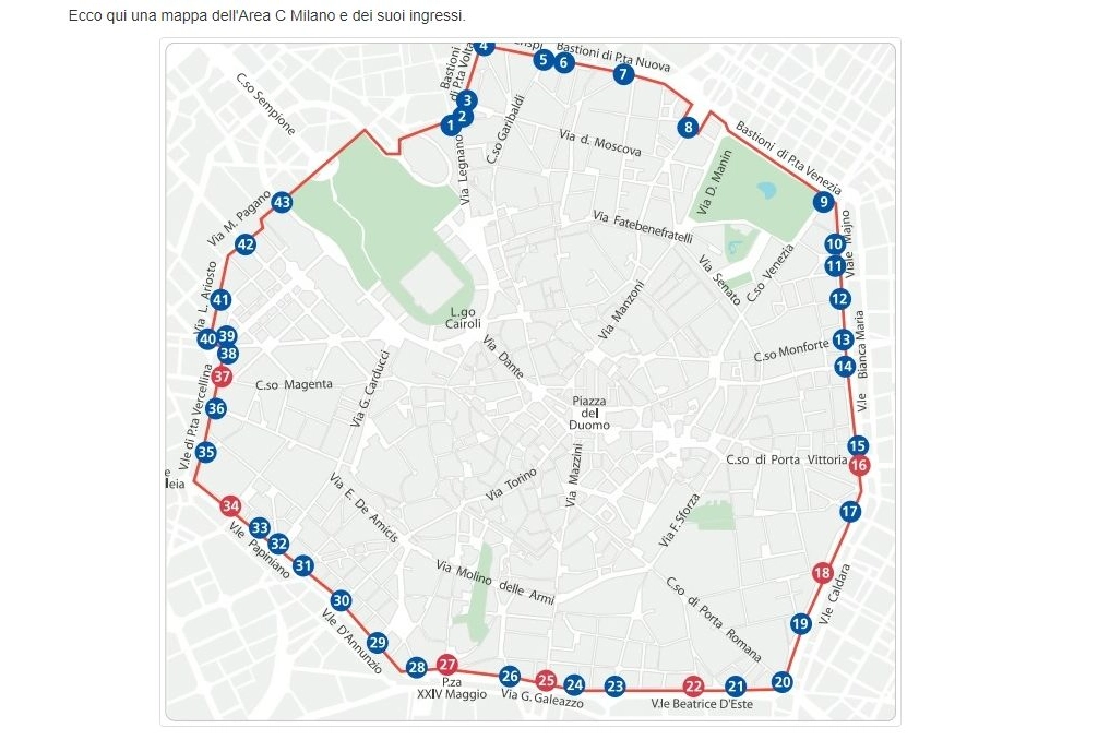 Milano, mappa Area C (sito internet Area C)